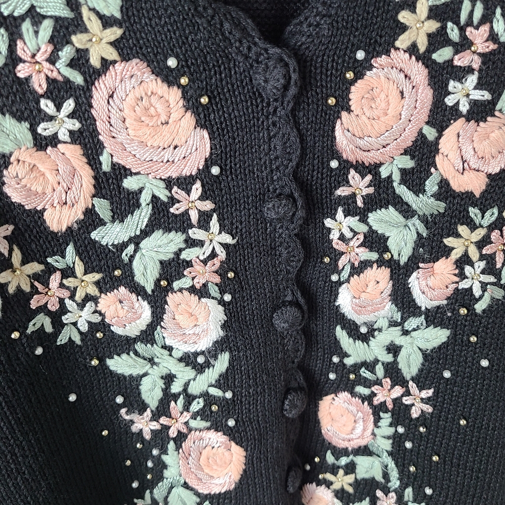 Work In Progress Embroidered Pearl Beaded Vintage Grandma Cardigan Sweater - Picture 5 of 12